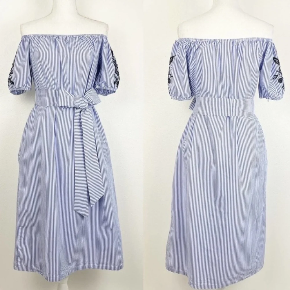 Who What Wear Dress Embroidered Striped Large‎ pockets tie waist off Shoulders - Picture 3 of 16